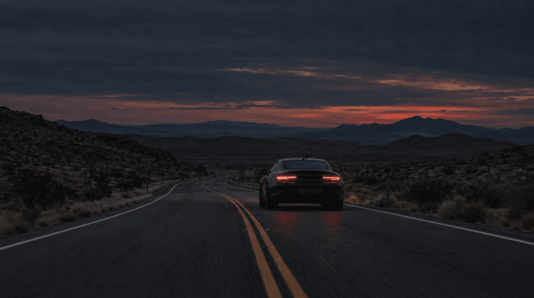 A dark coupe heading down an open road at blue hour.