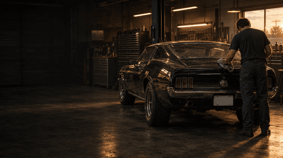 A car enthusiast works over a dark coupe inside a garage.